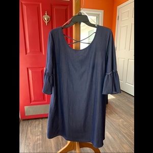 Denim pattern dress with trumpet sleeves